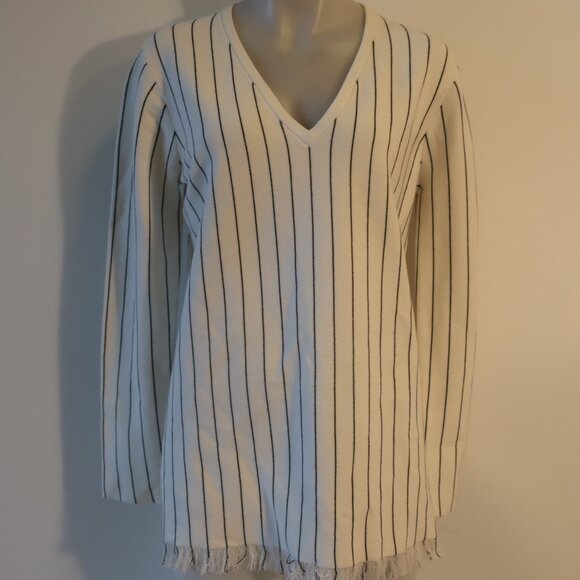Womens Theory Hayden White Black Striped V-Neck Fringed Knit Pullover Sweater M* - Picture 5 of 12